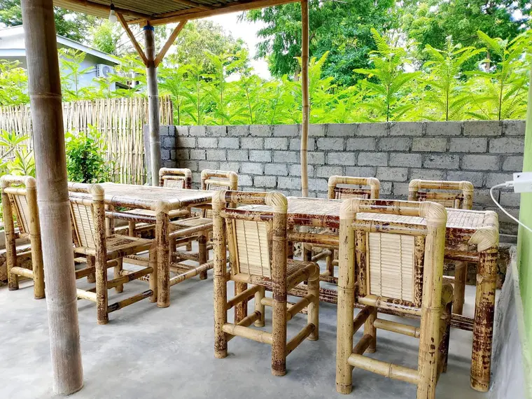 The bamboo table where breakfast is served